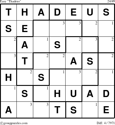 The grouppuzzles.com Easy Thadeus puzzle for  with the first 3 steps marked