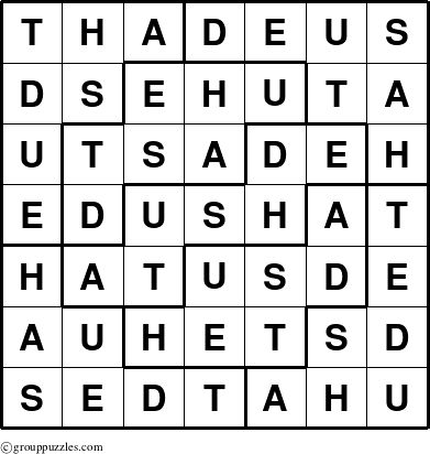 The grouppuzzles.com Answer grid for the Thadeus puzzle for 