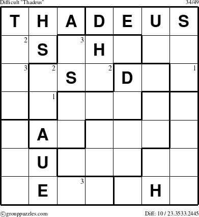 The grouppuzzles.com Difficult Thadeus puzzle for  with the first 3 steps marked