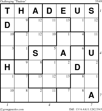 The grouppuzzles.com Challenging Thadeus puzzle for , suitable for printing, with all 13 steps marked