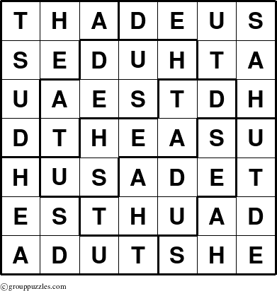 The grouppuzzles.com Answer grid for the Thadeus puzzle for 