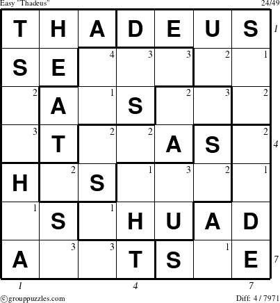 The grouppuzzles.com Easy Thadeus puzzle for  with all 4 steps marked