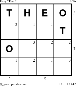 The grouppuzzles.com Easy Theo puzzle for , suitable for printing, with all 3 steps marked