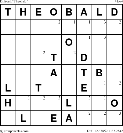 The grouppuzzles.com Difficult Theobald puzzle for  with the first 3 steps marked