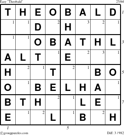 The grouppuzzles.com Easy Theobald puzzle for , suitable for printing, with all 3 steps marked