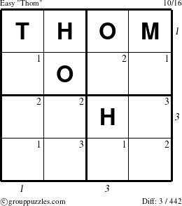 The grouppuzzles.com Easy Thom puzzle for , suitable for printing, with all 3 steps marked