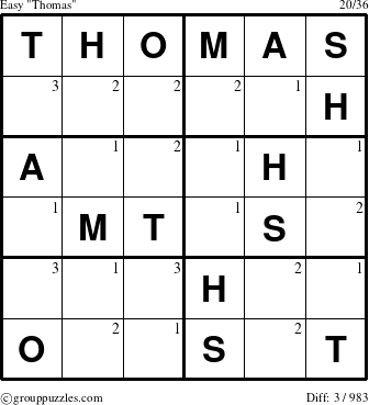 The grouppuzzles.com Easy Thomas puzzle for  with the first 3 steps marked