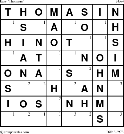 The grouppuzzles.com Easy Thomasin puzzle for  with the first 3 steps marked