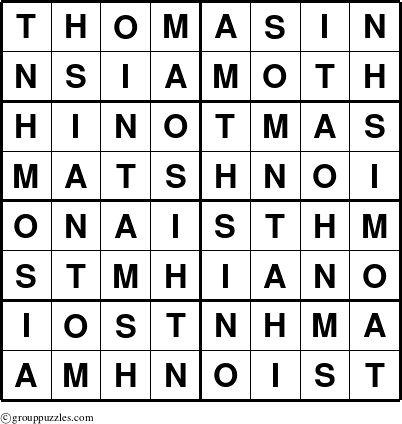 The grouppuzzles.com Answer grid for the Thomasin puzzle for 