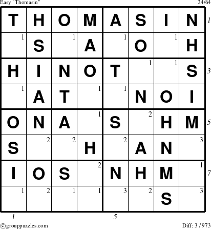 The grouppuzzles.com Easy Thomasin puzzle for , suitable for printing, with all 3 steps marked