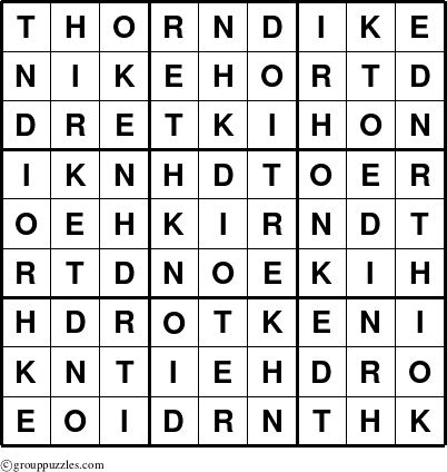 The grouppuzzles.com Answer grid for the Thorndike puzzle for 