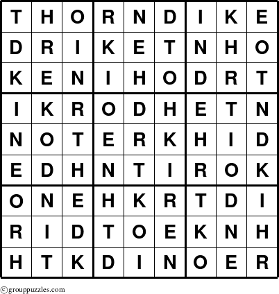 The grouppuzzles.com Answer grid for the Thorndike puzzle for 