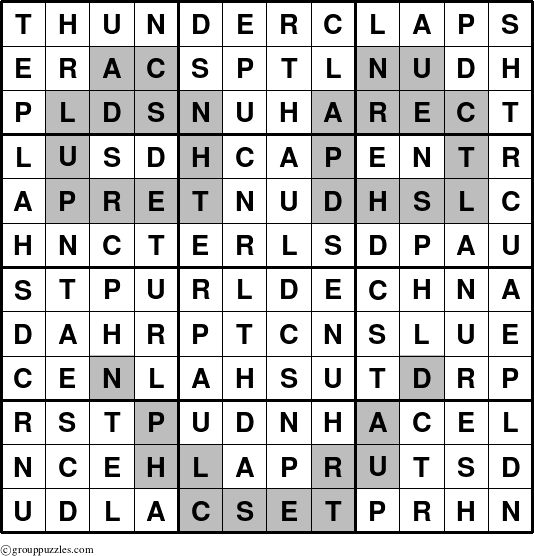 The grouppuzzles.com Answer grid for the Thunderclaps puzzle for 