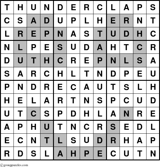 The grouppuzzles.com Answer grid for the Thunderclaps puzzle for 