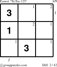 The grouppuzzles.com Easiest TicTac-123 puzzle for , suitable for printing, with all 2 steps marked