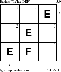 The grouppuzzles.com Easiest TicTac-DEF puzzle for , suitable for printing, with all 2 steps marked