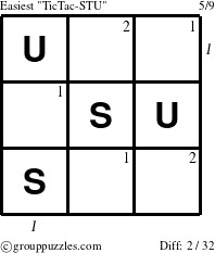 The grouppuzzles.com Easiest TicTac-STU puzzle for , suitable for printing, with all 2 steps marked