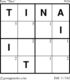 The grouppuzzles.com Easy Tina puzzle for  with the first 3 steps marked