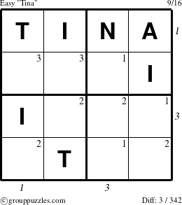 The grouppuzzles.com Easy Tina puzzle for  with all 3 steps marked