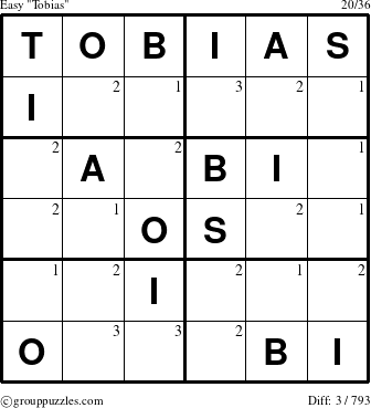 The grouppuzzles.com Easy Tobias puzzle for  with the first 3 steps marked