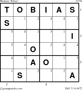 The grouppuzzles.com Medium Tobias puzzle for  with all 5 steps marked