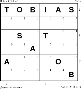 The grouppuzzles.com Difficult Tobias puzzle for , suitable for printing, with all 8 steps marked