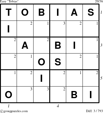 The grouppuzzles.com Easy Tobias puzzle for  with all 3 steps marked