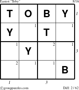 The grouppuzzles.com Easiest Toby puzzle for , suitable for printing, with all 2 steps marked