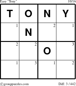 The grouppuzzles.com Easy Tony puzzle for  with the first 3 steps marked