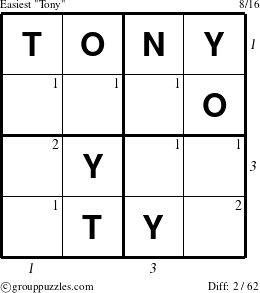 The grouppuzzles.com Easiest Tony puzzle for , suitable for printing, with all 2 steps marked