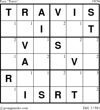 The grouppuzzles.com Easy Travis puzzle for  with the first 3 steps marked