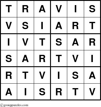 The grouppuzzles.com Answer grid for the Travis puzzle for 