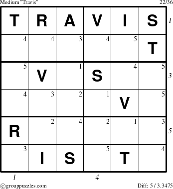 The grouppuzzles.com Medium Travis puzzle for , suitable for printing, with all 5 steps marked