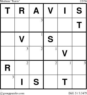 The grouppuzzles.com Medium Travis puzzle for  with the first 3 steps marked