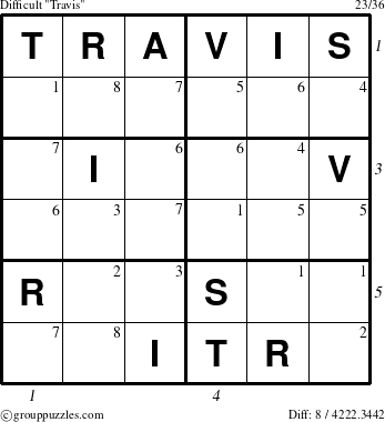 The grouppuzzles.com Difficult Travis puzzle for , suitable for printing, with all 8 steps marked