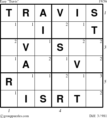 The grouppuzzles.com Easy Travis puzzle for , suitable for printing, with all 3 steps marked