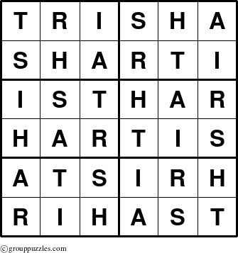 The grouppuzzles.com Answer grid for the Trisha puzzle for 