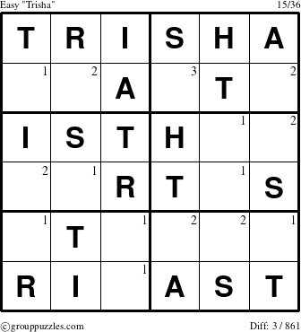 The grouppuzzles.com Easy Trisha puzzle for  with the first 3 steps marked