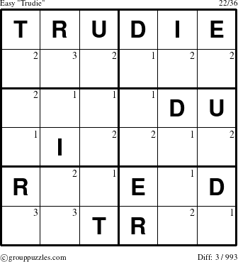 The grouppuzzles.com Easy Trudie puzzle for  with the first 3 steps marked