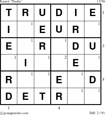 The grouppuzzles.com Easiest Trudie puzzle for , suitable for printing, with all 2 steps marked