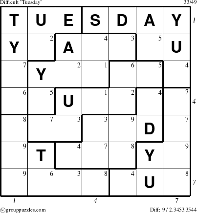 The grouppuzzles.com Difficult Tuesday puzzle for  with all 9 steps marked