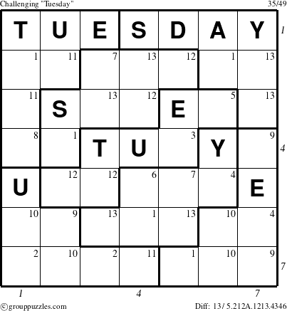 The grouppuzzles.com Challenging Tuesday puzzle for  with all 13 steps marked