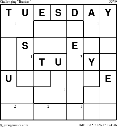 The grouppuzzles.com Challenging Tuesday puzzle for  with the first 3 steps marked