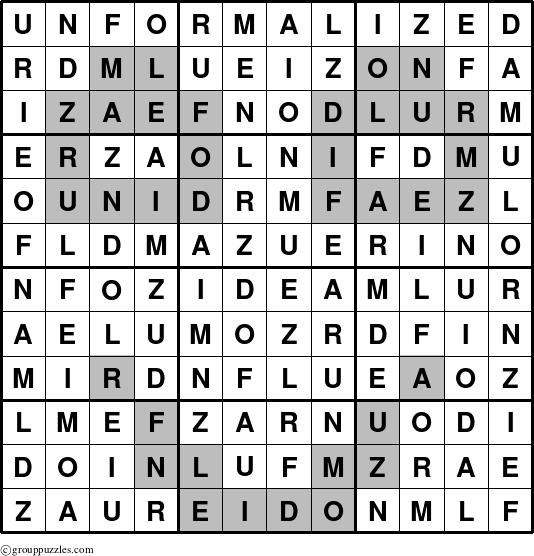 The grouppuzzles.com Answer grid for the Unformalized puzzle for 