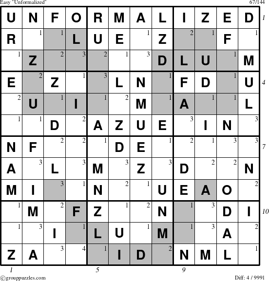 The grouppuzzles.com Easy Unformalized puzzle for  with all 4 steps marked