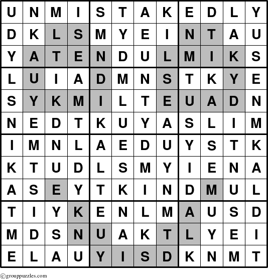 The grouppuzzles.com Answer grid for the Unmistakedly puzzle for 