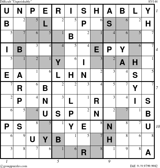 The grouppuzzles.com Difficult Unperishably puzzle for  with all 9 steps marked