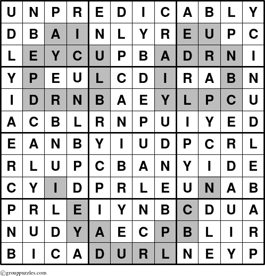 The grouppuzzles.com Answer grid for the Unpredicably puzzle for 