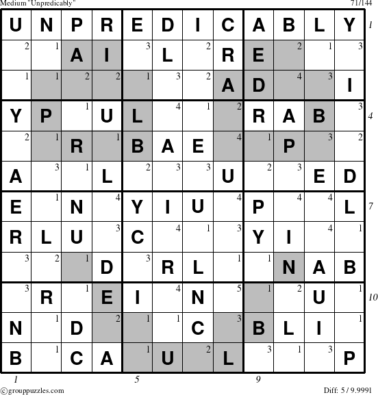 The grouppuzzles.com Medium Unpredicably puzzle for  with all 5 steps marked