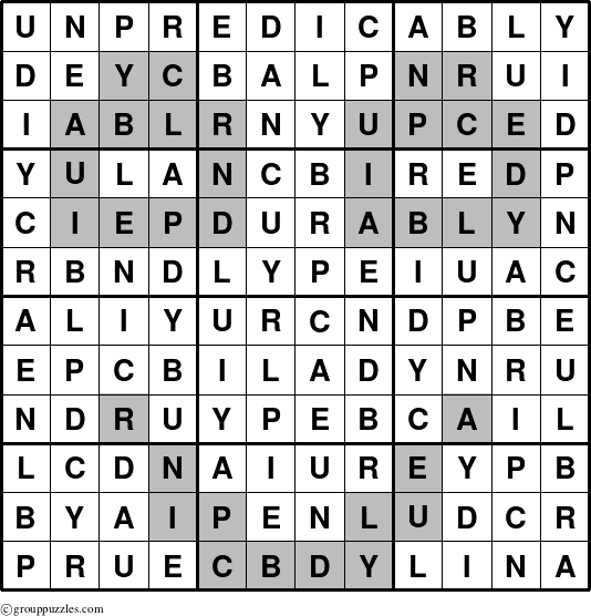 The grouppuzzles.com Answer grid for the Unpredicably puzzle for 